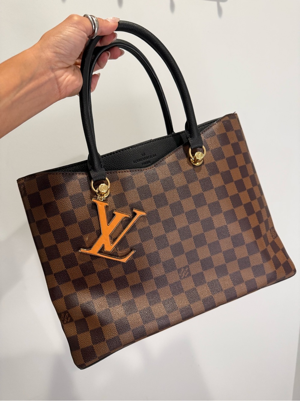 Designer Inspired Brown Checkered Tote with Gold Monogram Accent Real Leather